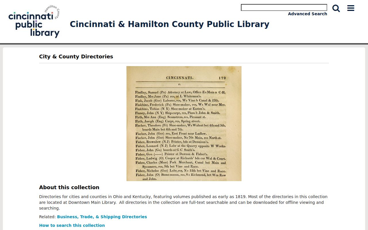 Hamilton city directory digitized collection search screen