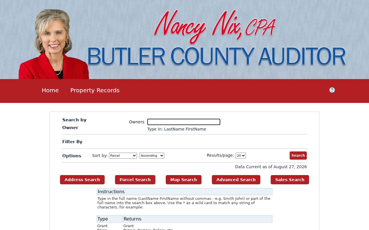 Hamilton residents directory Butler County Auditor owner search screen