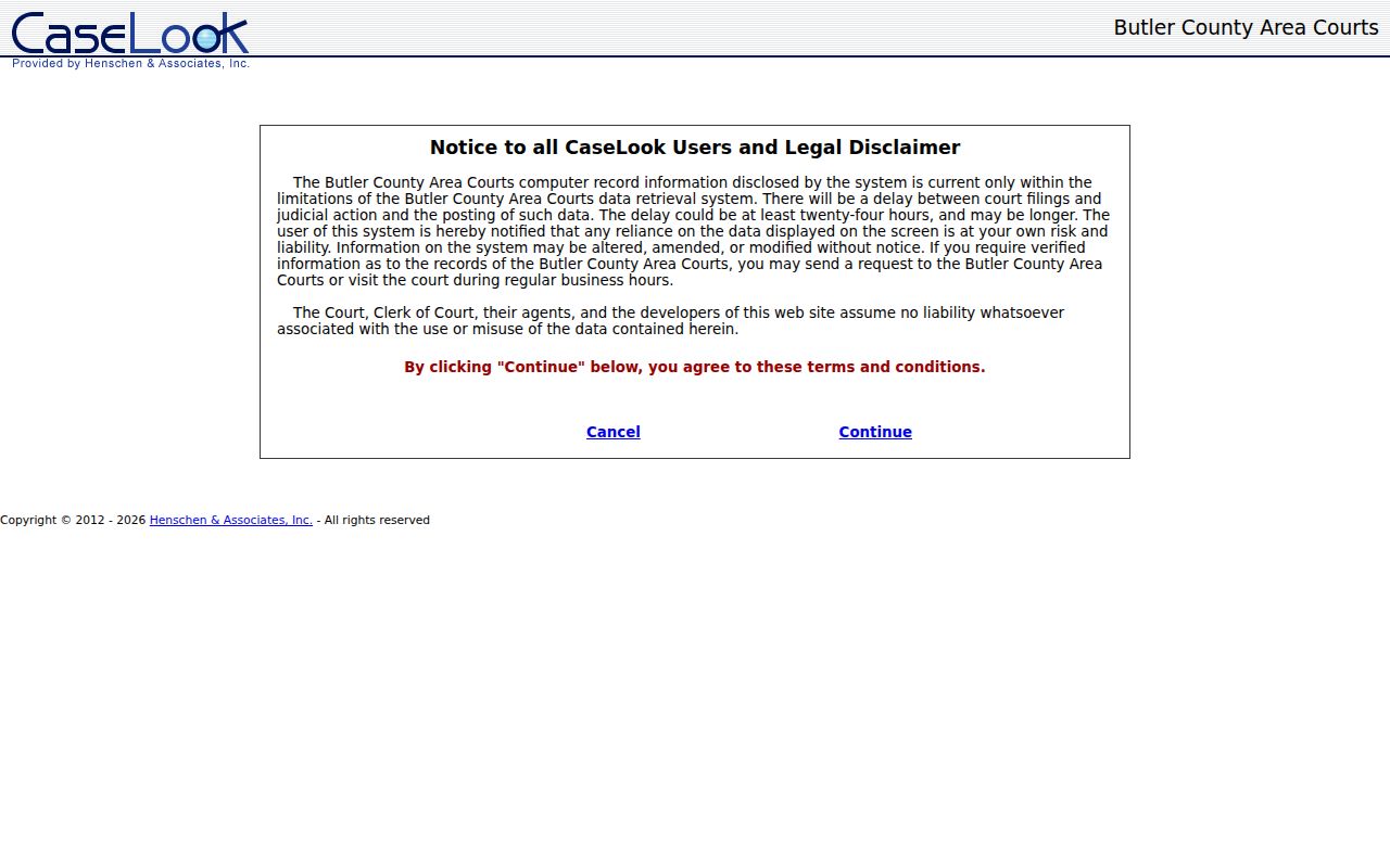 Hamilton resident lookup screen for Butler County Area Courts CaseLook
