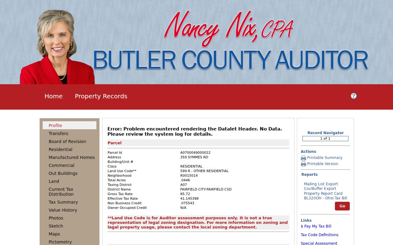 Hamilton street directory Butler County Auditor sample parcel profile
